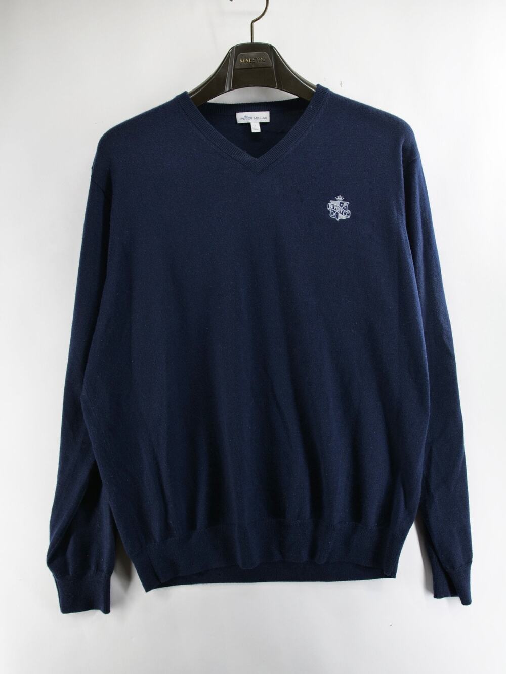 Peter Millar Dupont Country Club Merino Wool Lyocell V Neck Sweater Blue Large